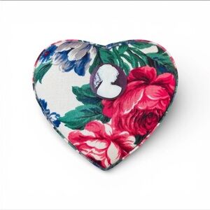 Vintage Fabric Floral Heart Jewelry Box w/ Cameo Detail